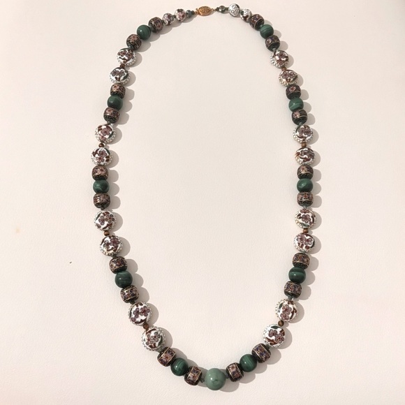 Fabulous Vintage chinese Cloisonné and malachite long necklace - Picture 4 of 8